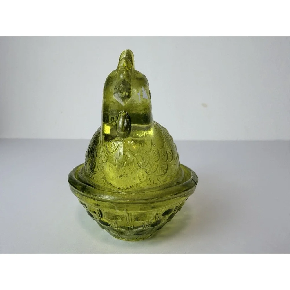 MCM Mini Olive Green Glass Hen On Nest Covered Dish Trinket Salt Cellar Cottage
